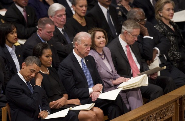 US President Barack Obama (L) wipes a tear from his eye as he  attends the funeral service for Dr. Dorothy Height at Washington National Cathedral in Washington, DC, April 29, 2010 with and First Lady Michelle Obama (2nd L), Vice President Joe Biden (C), Speaker of the House Nancy Pelosi (4th R), Senate Majority Leader Harry Reid (3rd R) and Secretary of State Hillary Clinton (R).         AFP  PHOTO/Jim WATSON (Photo credit should read JIM WATSON/AFP/Getty Images)