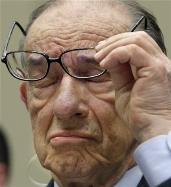 Former Federal Reserve Chairman Alan Greenspan pauses on Capitol Hill in Washington, Wednesday, April 7, 2010, while testifying before the Financial Crisis Inquiry Commission (FCIC) hearing examining the causes of the collapse of major financial institutions caused by subprime lending.  (AP Photo/J. Scott Applewhite)