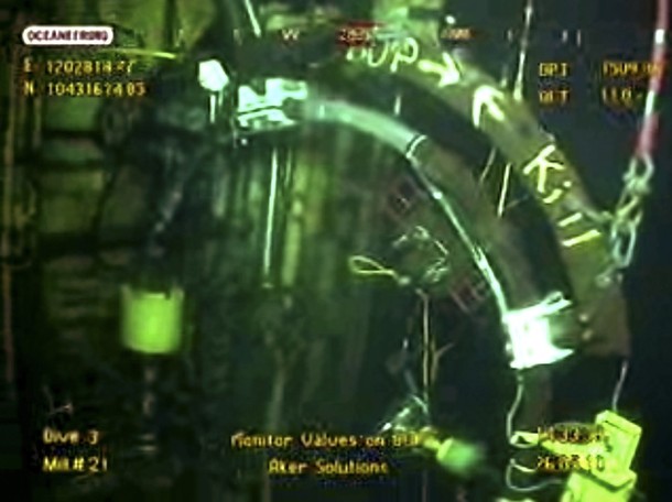 A frame grab, taken from a BP live video feed, shows machinery being used in the "top kill" procedure to stop the flow of oil from the Gulf of Mexico oil well