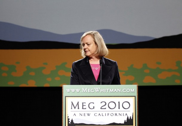 California Republican gubernatorial candidate Meg Whitman arrives on stage for a walk-through for her election night party in Los Angeles