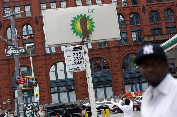A substance is seen smeared on the sign of a BP gas station along Houston Street in New York