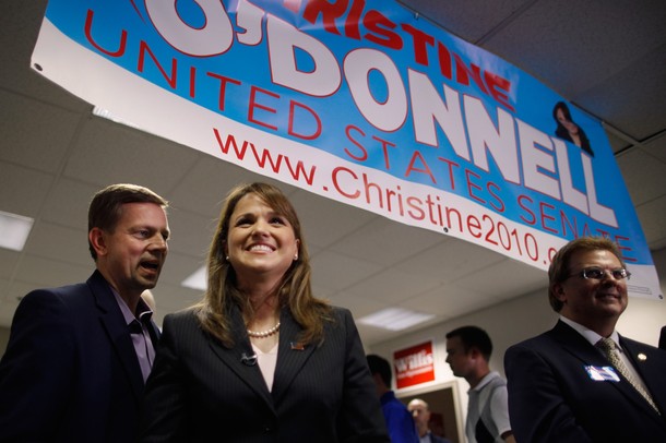 DOVER, DE - OCTOBER 28:  Republican U.S. Senate candidate Christine O'Donnell (2nd L) attends a rally at the Kent County Republican Headquarters on October 28, 2010 in Wilmington, Delaware. O'Donnell reminded voters that she was behind in the polls before her surprising win in the Republican primaries earlier this year and the same could happen during next Tuesday's Mid Term elections.  (Photo by Chip Somodevilla/Getty Images)