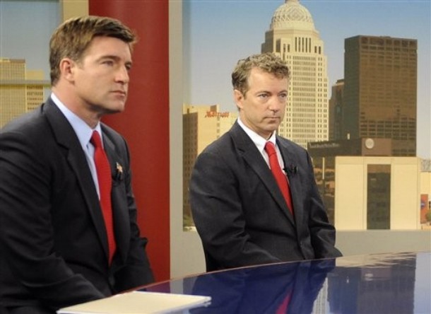Candidates for Kentucky Senate, Democrat Jack Conway, left, and Republican Rand Paul  prepare for a debate in Louisville, Ky, Sunday, Oct. 3, 2010. (AP Photo/Patti Longmire)