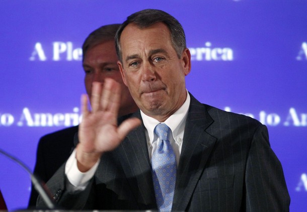 House Republican Leader John Boehner (R-OH), who broke into tears during his speech, waves after addressing supporters at a Republican election night results watch rally in Washington, November 2, 2010.     REUTERS/Jim Young (UNITED STATES - Tags: ELECTIONS POLITICS)