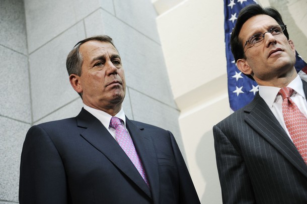 WASHINGTON, DC - APRIL 13:  U.S. House Speaker Rep. John Boehner (R-OH) (L) appears with Majority Leader Rep. Eric Cantor (R-VA) and other GOP House leaders to address reporters at the U.S. Capitol on April 13, 2011 in Washington, DC. The House Republicans spoke to the press after holding their Republican Conference meeting.  (Photo by Jonathan Ernst/Getty Images)