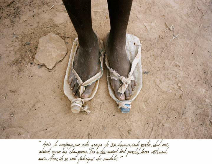 From: How Photographers Are Trying to Put a Face on Europe’s Migrant Crisis (TIME). caption: After a shipwreck off the coast of Morocco in Nov. 2004, only four of 34 men still had their shoes. The others lost everything, including their clothes, and had to make sandals out of makeshift items such as plastic bottles. (photo: Olivier Jobard - MYOP.)