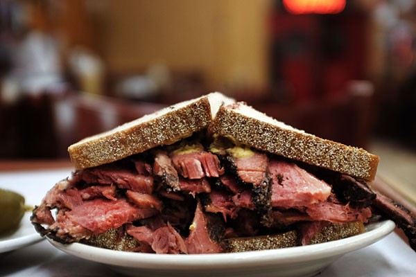 NEW YORK, NY - MARCH 20: A classic pastrami sandwich is viewed at Katz's Delicatessen on March 20, 2015 in New York City. A pastrami sandwich at Katz's will now cost $21.50 with tax due to the rise in the meats price. Beef prices increased 19% in January and are expected to keep climbing. (Photo by Spencer Platt/Getty Images)