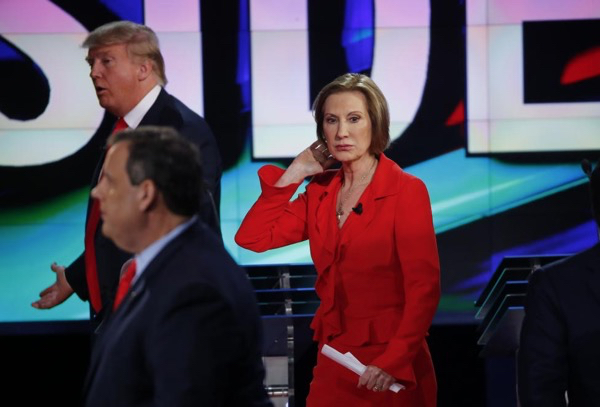 Donald Trump, Chris Christie and Carly Fiorina leave the stage at the conclusion of the GOP debate.