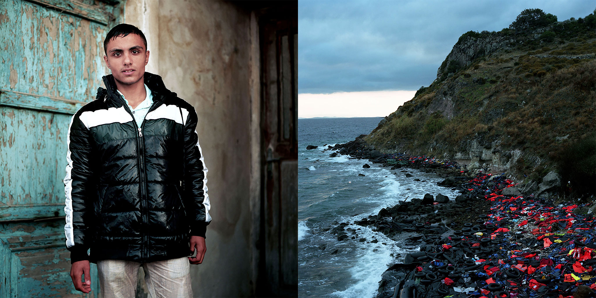 A portrait of a teenage boy in dripping wet clothes is on the left, and a scene of the coast of Lésvos, Greece scattered with life jackets is on the right,