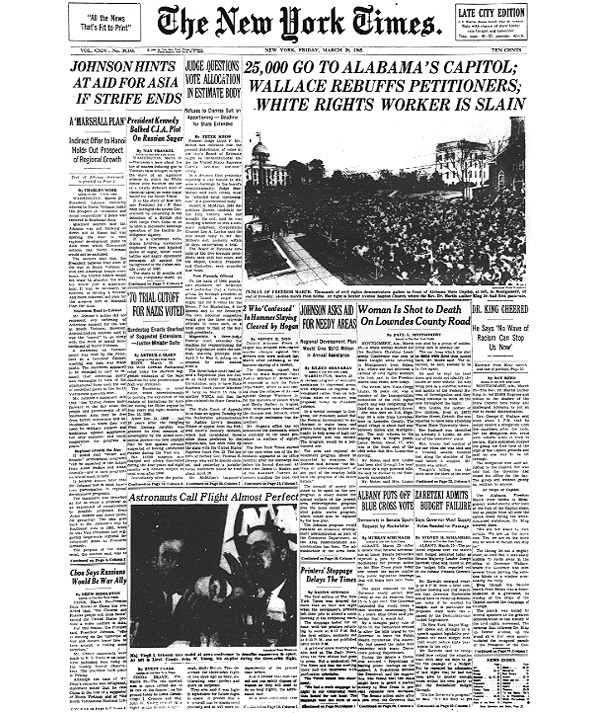 New York Times front page March 25th, 1965 on MLK and the march on Alabama's capitol