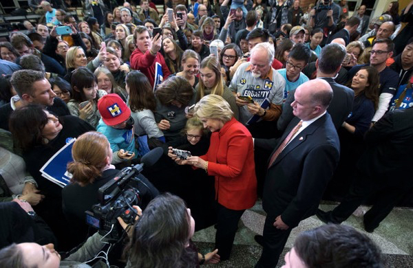 Hillary Clinton took a selfie with a girl during a campaign event in Des Moines on Sunday.
