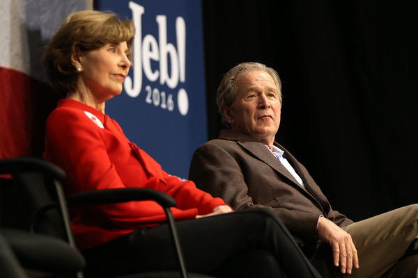 Republican presidential candidate Jeb Bush and former First Lady Laura Bush (L) at a campaign rally on February 15, 2016 in North Charleston, South Carolina. The Bush campaign is seeking support in South Carolina, where George W. Bush is popular with the state's large military population, before the Republican primary on Saturday, February 20.