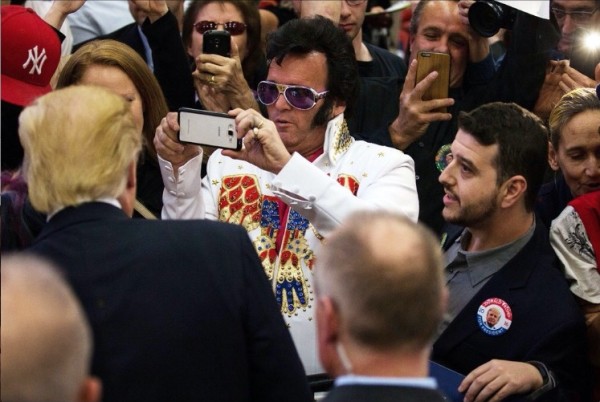 Elvis and Trump impersonators greet Donald Trump in Las Vegas on Monday. Photograph: Ruth Fremson/New York Times/Redux / eyevine