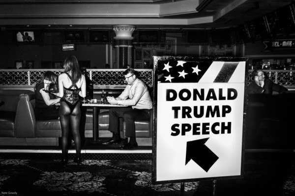 Informing the debate in Houston on the 25th,, signs directed Donald Trump supporters toward his campaign's Victory Party at Treasure Island in Las Vegas on Feb. 23rd, 2016.