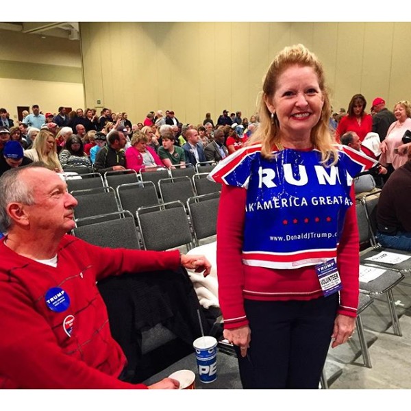 Gail Barrow of Goose Creek, SC, rocks a top made out of a Trump campaign sign #southcarolina #2016 #onthecampaigntrail #donaldtrump #campaign2016