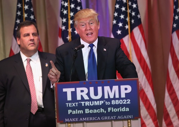 Republican Presidential frontrunner Donald Trump speaks to the media at his Mar-A-Lago Club on Super Tuesday, March 1, 2016 in Palm Beach, Florida. Trump held the press conference, flanked by New Jersey Governor Chris Christie, after the Super Tuesday polls closed in a dozen states nationwide. John Moore/Getty Images.