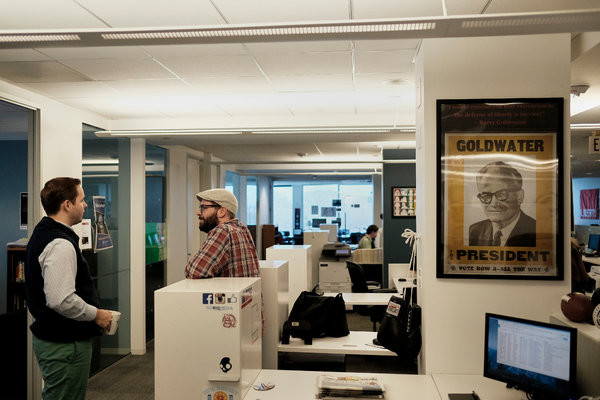 Colby Bledsoe, left, campaign manager for FreedomWorks for America, with Jason Pye, director of communications of FreedomWorks, at the FreedomWorks offices on Capitol Hill on Thursday. T.J. Kirkpatrick for The New York Times