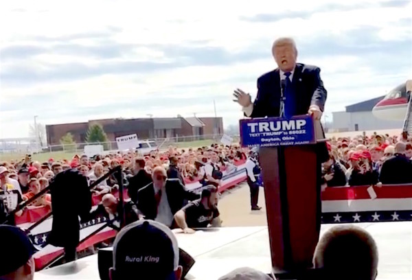 An attempted attack on Donald Trump during rally at hanger at Dayton international airport. Mar 12, 2016. Donald Trump Speeches & Events, YouTube.