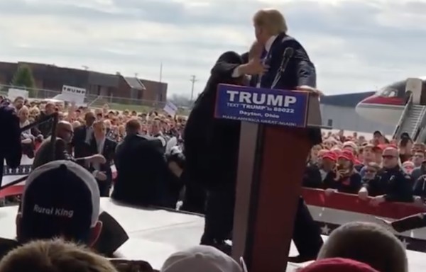 An attempted attack on Donald Trump during rally at hanger at Dayton international airport. Mar 12, 2016. Donald Trump Speeches & Events, YouTube.