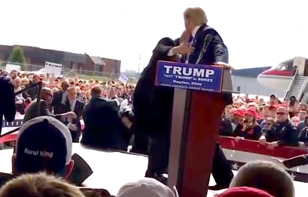 An attempted attack on Donald Trump during rally at hanger at Dayton international airport. Mar 12, 2016. Donald Trump Speeches & Events, YouTube.