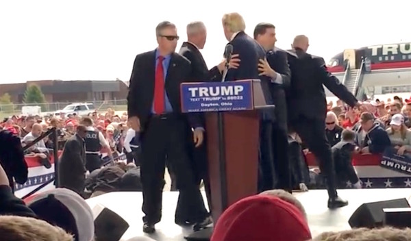 An attempted attack on Donald Trump during rally at hanger at Dayton international airport. Mar 12, 2016. Donald Trump Speeches & Events, YouTube.