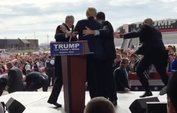 An attempted attack on Donald Trump during rally at hanger at Dayton international airport. Mar 12, 2016. Donald Trump Speeches & Events, YouTube.