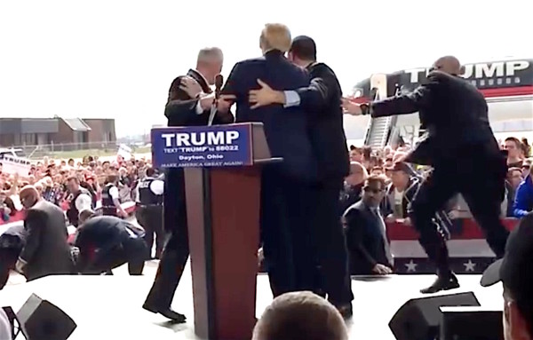 An attempted attack on Donald Trump during rally at hanger at Dayton international airport. Mar 12, 2016. Donald Trump Speeches & Events, YouTube.