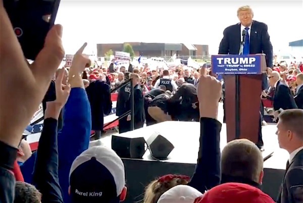 An attempted attack on Donald Trump during rally at hanger at Dayton international airport. Mar 12, 2016. Donald Trump Speeches & Events, YouTube.