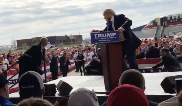 An attempted attack on Donald Trump during rally at hanger at Dayton international airport. Mar 12, 2016. Donald Trump Speeches & Events, YouTube.