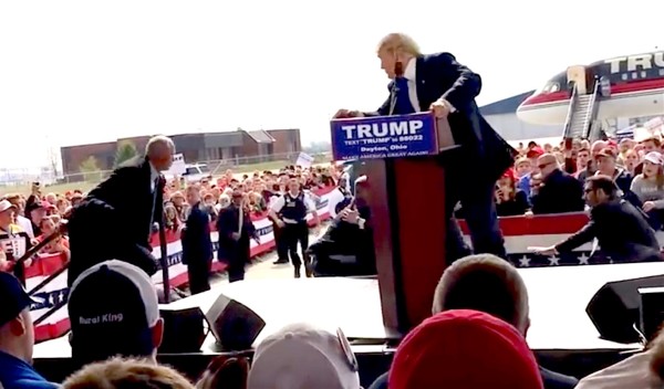 An attempted attack on Donald Trump during rally at hanger at Dayton international airport. Mar 12, 2016. Donald Trump Speeches & Events, YouTube.