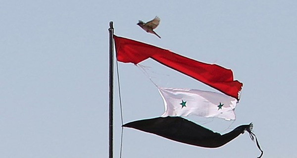  A bird flies near a torn Syrian national flag in the city of Qamishli, Syria April 21, 2016. REUTERS/Rodi Said