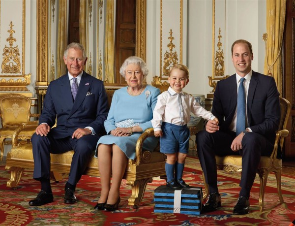 Prince Charles, Queen Elizabeth II, Prince George and Prince William pose during a photoshoot at Buckingham Palace last summer. Ranald Mackechnie / Royal Mail / Getty Images