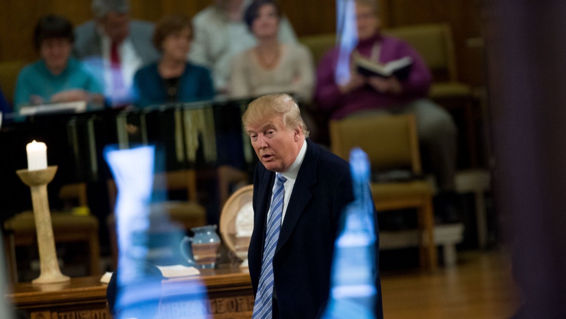 AP Photo/Andrew Harnik. Republican presidential candidate Donald Trump arrives for service at First Presbyterian Church in Muscatine, Iowa, on Sunday.