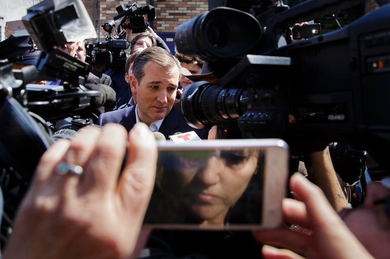 Republican presidential candidate Sen. Ted Cruz talks to reporters after an election campaign event at the Sabarosura 2 restaurant in the Bronx, N.Y. on April 6, 2016. New York will hold its primary election on April 19, 2016.