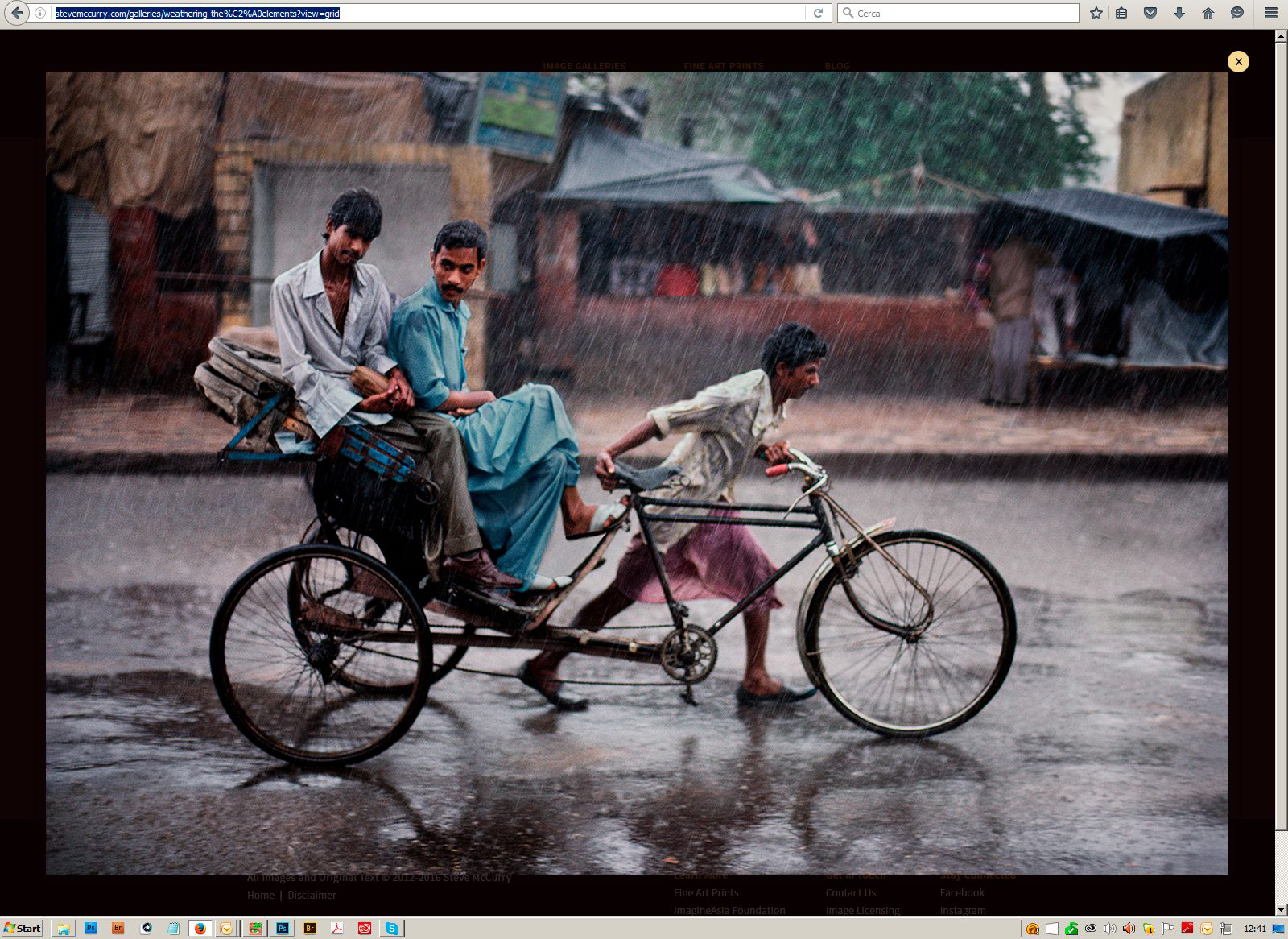 Locals riding a rickshaw through heavy monsoon rain. Steve McCurry retouched photo. Varanasi, India. 1983