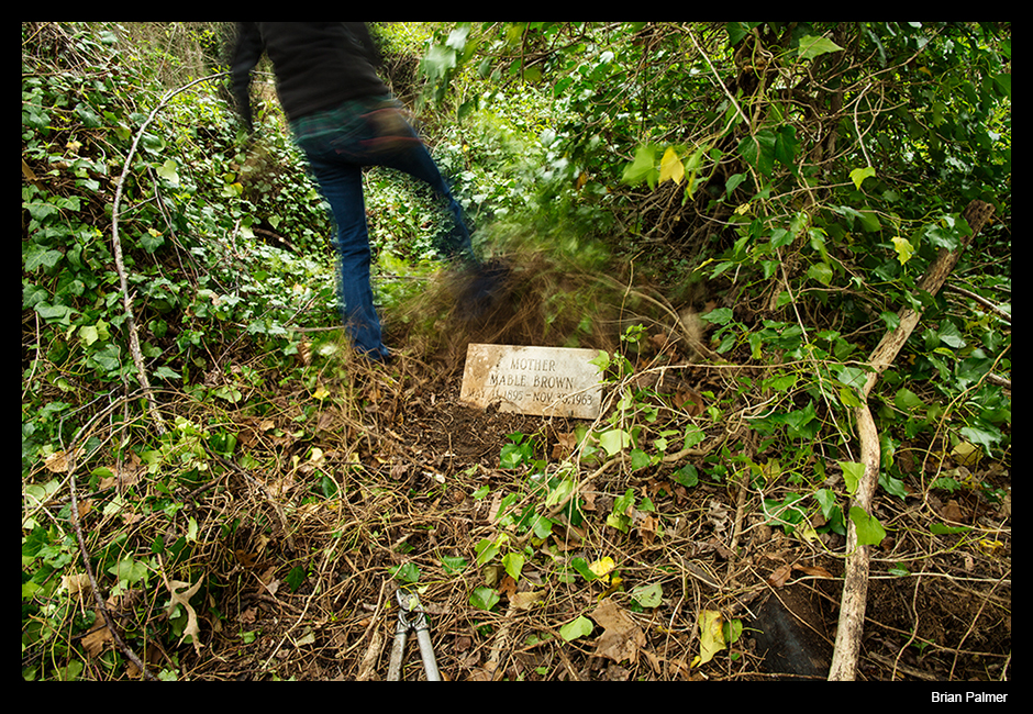 Erin Hollaway Palmer, Brian’s wife, clears English ivy from the headstone of Mable Brown, East End Cemetery, Henrico County, VA. March 2016