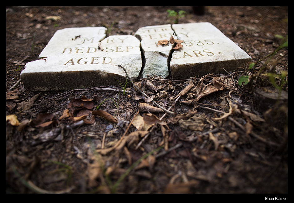 Fractured grave marker at East End Cemetery, Henrico County, VA. July 2015