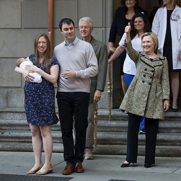 Chelsea Clinton, holding newborn son Aidan, her husband Marc Mezvinsky, former President Bill Clinton, and Democratic presidential candidate Hillary Clinton exit Lenox Hill Hospital on June 20, 2016, in New York City. Chelsea gave birth to Aidan, her second child, on June 18.