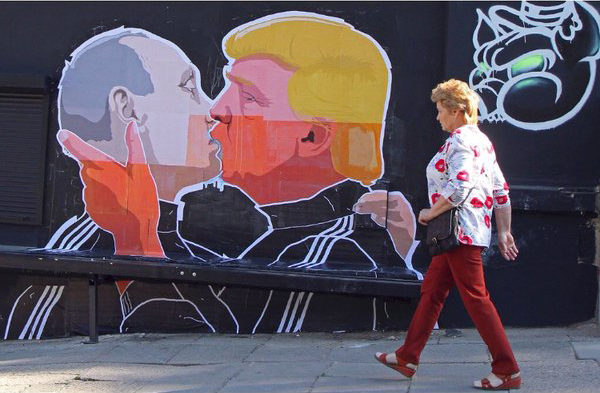 Petras Malukas/Agence France-Presse/Getty. A mural in the Lithuanian capitol, Vilnius, archly depicts the relationship of Mr. Trump and President Vladimir V. Putin of Russia.