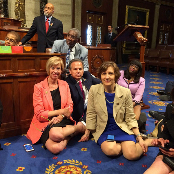 Photo from the Twitter account of Congress woman Janet Hahn taken during the #NoBillNoBreak sit-in by Congresspeople in the chamber of the U.S. House of Representatives over gun rights. 