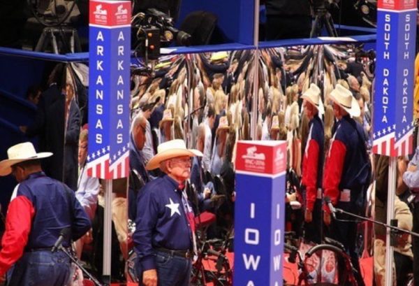 Photo: Chang W. Lee/New York Times. Caption: Texas delegates passed by a riser for press which is covered with mirror during the first day of Republican National Convention in Cleveland, OH. @realdonaldtrumptweeted he will introduce his wife Melania later tonight as she is scheduled to speak tonight at RNC. #NYTRNC #RNCinCLE @nytchangster