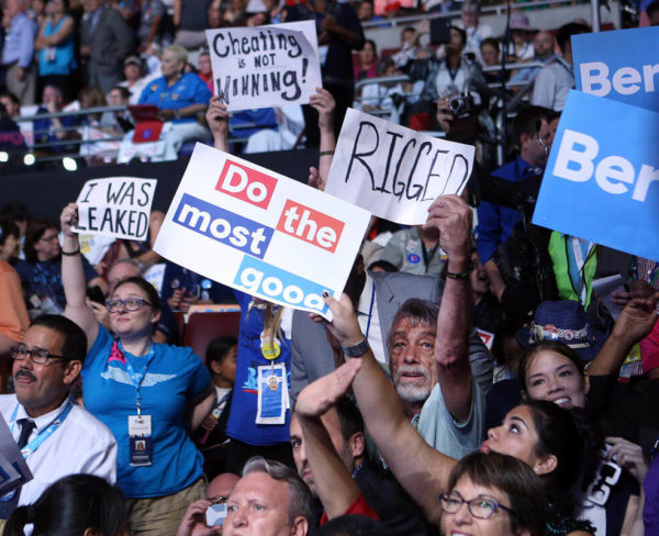 Credit: Nancy Lane SIGNED OUT: It was a battle of the signs on the second night of the Democratic National Convention at the Wells Fargo Center in Philadelphia.