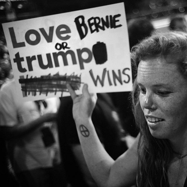 @AlanSChin here at the #Philadelphia #DNC for @NewRepublic ! #DemocraticNationalConvention #DemConvention #politics #Bernie Nicole Lutkemuller, #BernieSanders delegate from #California modified her "love trumps hate" sign to "love Bernie or Trump wins."