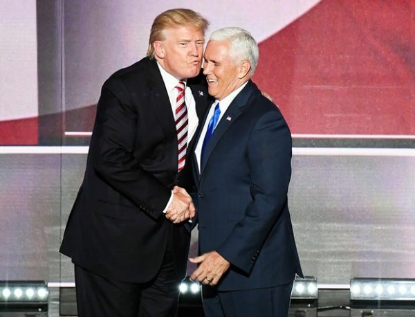 Donald Trump joins Indiana Gov. Mike Pence on stage at the 2016 Republican National Convention in Cleveland, Ohio on Wednesday July 20, 2016. Bill Clark/CQ Roll Call via Getty Images