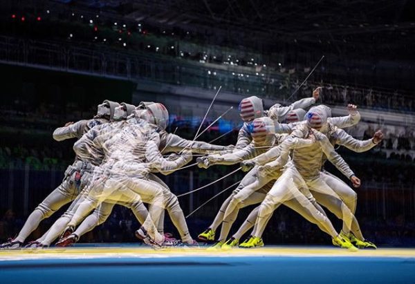 joemcnallyphotoWas @olympics fencing yesterday & tried some in camera multiples. 5 exposure multiple. Hand held camera. Slowed camera to Consecutive low @ 6 frames per second. Went to 3-D AF on Nikon D5. #picoftheday @rio2016 @sportsillustrated @usafencing @teamusa