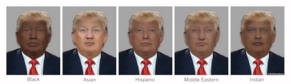 A panel of images by artist Nancy Burson rendering Donald Trump in various races and ethnicities.