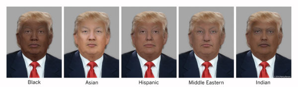 A panel of images by artist Nancy Burson rendering Donald Trump in various races and ethnicities.