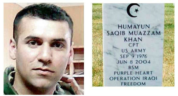 Humayun Khan (left); The tombstone on the grave of Humayun Khanabu (right) via khaleejtimes.com