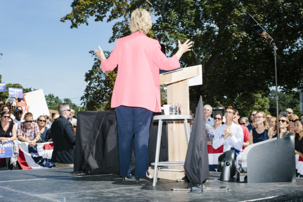 Democratic presidential candidate and former First Lady and Secretary of State Hillary Rodham Clinton speaks to a crowd at a rally in Portsmouth, New Hampshire. At the rally, New Hampshire senator Jeanne Shaheen endorsed Clinton.