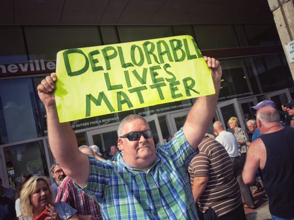 Citizen at Trump rally holds sign reading "Deplorable Lives Matter." credit: Deplorable AJ‏/Twitter via USA Today